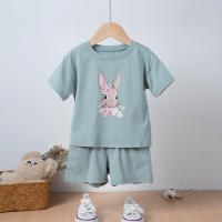 Conjunto De Verano Para Niños Y Niñas Con Estampado De Conejo Ropa Infantil De Algodón Puro Cómodo Casual O-Neck Cierre Sobrepuesto - details 1
