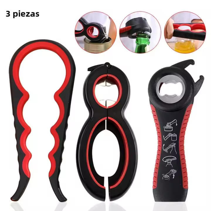Abrepuertas Multifuncional 6-en-1 Abrebotellas Y Tapa De Botella Con Antideslizante Accesorio De Cocina Ecológico De Aluminio - 1