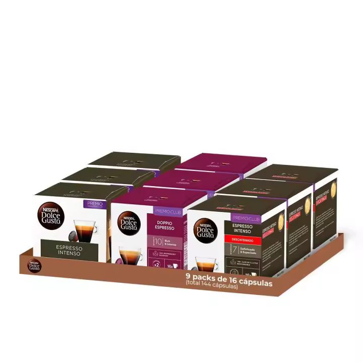 Dolce Gusto - Pack Especial Café Espresso 9 cajas (144 Cápsulas) | Contiene 3 cajas de Espresso Intenso (48 cápsulas) + 3 cajas de Espresso Doppio (48 cápsulas) + 3 cajas de Espresso Intenso Descafeinado (48 cápsulas) - 1