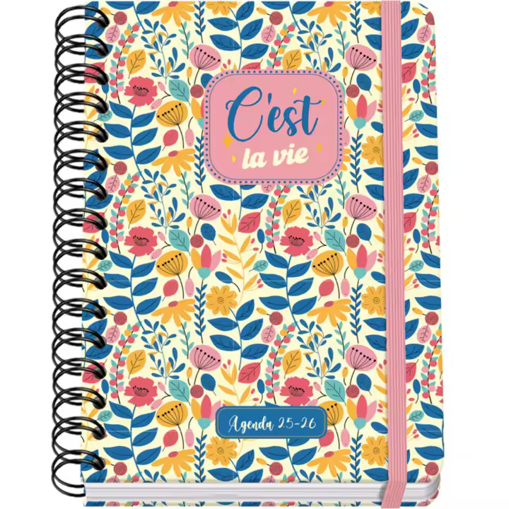 Dohe - Agenda Escolar 2025 2026 - Semana Vista, Tamaño A5 (15x21 cm), Español e Inglés, Cierre de Espiral Doble y Goma, Tapa Dura, 4 Páginas de Pegatinas - C'Est La Vie - 1