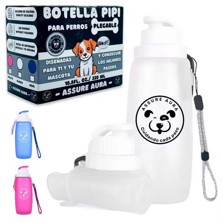 Assure Aura Botella Pipi Perros Silicona 320ml-1 Botella Limpiar Pipi Perros Calle+ 1 Mosquetón+ 1 Cuerda Ajustable- Botella de Agua para Perros- Limpiar Pis y Orina- Accesorios Perros Multiusos (Blanco, 320ml) - 1