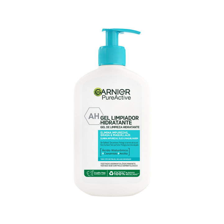 Garnier Pure Active Gel limpiador Hidratante con Ácido Hialurónico, Ceramida y Arcilla elimina impurezas, grasa y maquillaje - 250ml