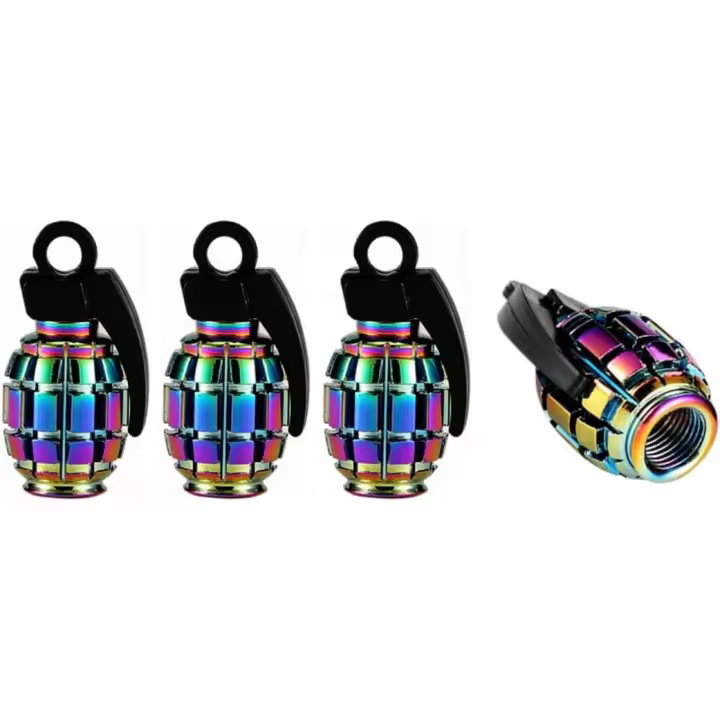 Tapones antipolvo para válvulas de neumáticos de aluminio con diseño de granadas de arcoíris multicolor de Marcraft (paquete de 4) Tapones antipolvo universales para válvulas de neumáticos de ruedas - 1
