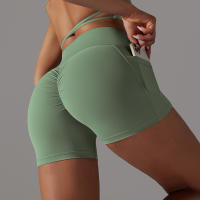 Shorts De Yoga Para Mujer Con Cintura Alta Y Bolsillos Diseño Cruzado Transpirables Y Secado Rápido Para Gimnasio Running Ejercicio - details 22