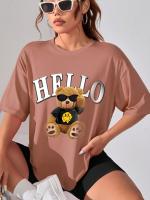 Camiseta De Verano Para Mujeres Casual Con Hombros Caídos Y Mangas Cortas Estampado De Letras Y Oso Suelto Y Versátil Moda 2024 - details 3