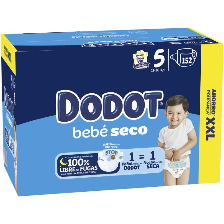 Dodot Pañales Bebé-Seco, Talla 5 (11-16 kg), 152 Pañales ,Una Noche Hasta Un 100% Libre De Fugas, Pack mensual