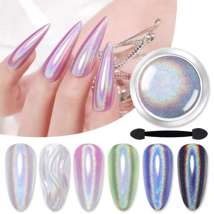 Polvo holográfico para uñas, fino arcoíris iridiscente, efecto holográfico, cromo múltiple, pigmento de manicura, polvo brillante para salón de uñas en casa. - 1