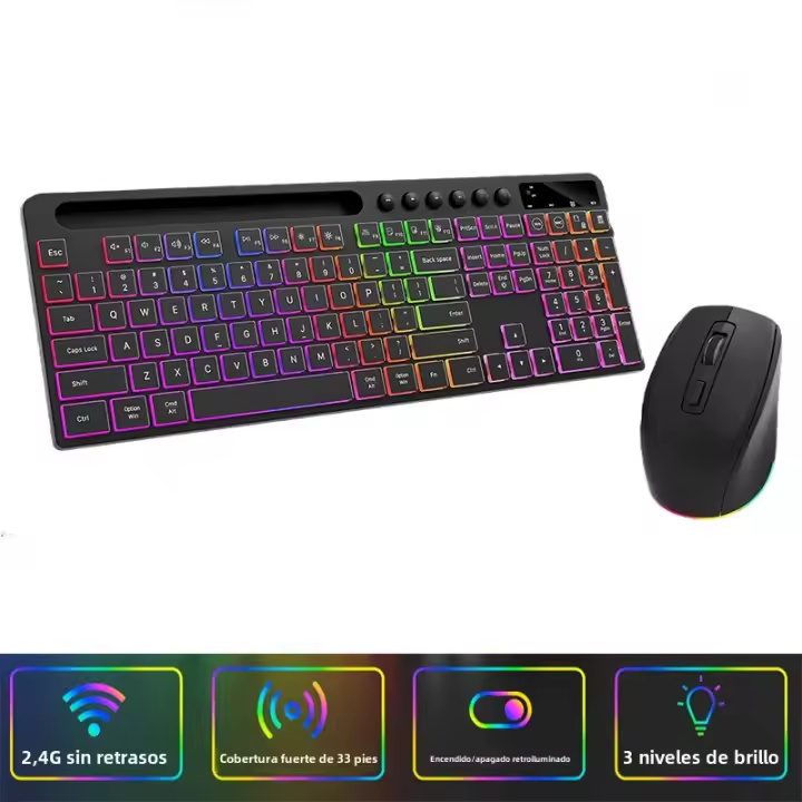 Teclado Inalámbrico Ergonómico Con Ratón Y Soporte Para Teléfono Multicolor Recargable 2.4G Para PC Laptop Windows - 1