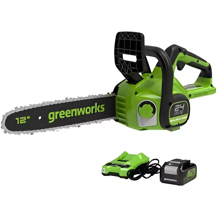 Motosierra a Batería Greenworks GD24CS30K4 - Motor Sin Escobillas - Barra de 30 Cm - Velocidad de Cadena 7,8 M/s - Autoengrasado - Protección de Retroceso - Batería de 24V 4Ah - Cargador - Garantía de 3 Años - 1