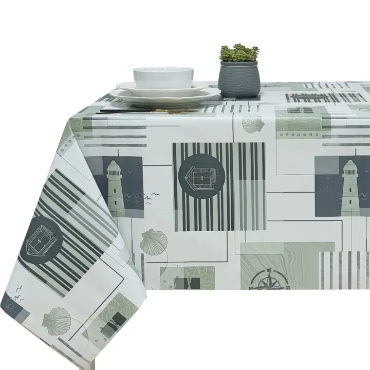 Mantel PVC, Mantel de hule, Ideal para el hogar, Cocina, Comedor, Fácil de limpiar, Faros, Conchas, Timones de barco y rayas, color Gris y Verde claro - 1