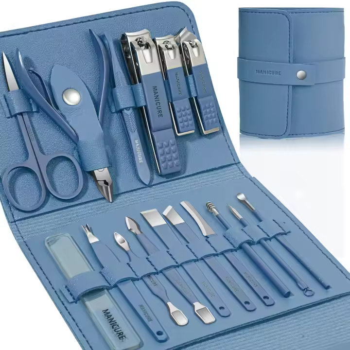 Juego de manicura y pedicura Profesional, cortaúñas, 17 piezas, herramientas de cuido de uñas de Maple inoxidable, Kit De Cuido (Azul) - 1