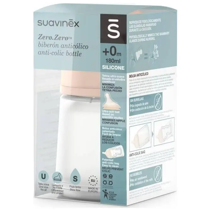 Suavinex Zero Zero Biberón Anticólicos 180 Ml Con Tetina De Flujo Lento, 1 Ud - 1