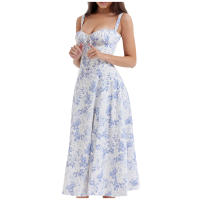Vestido De Playa Para Mujer Con Estampado Floral Cuello Cuadrado Ajuste Frontal Y Abertura En Pierna Midi Polyester Sin Mangas Vestido De Noche - details 4