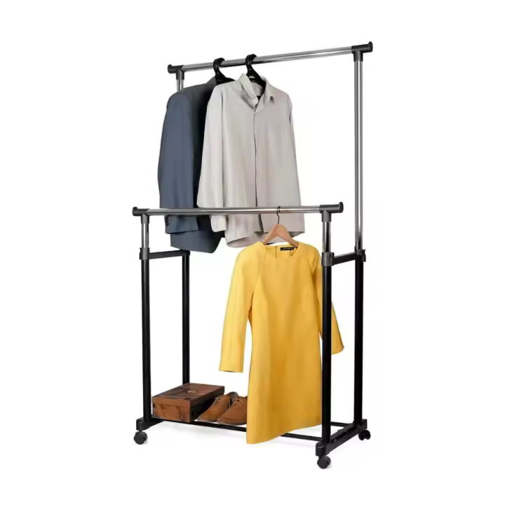 Perchero Doble con Ruedas, Ajustable en Altura y Ancho, Barra para Ropa con Estante Inferior para Zapatos, Soporte Resistente de Metal, Ideal para Dormitorio, Vestidor, Tienda o Lavandería, Fácil Montaje - 1