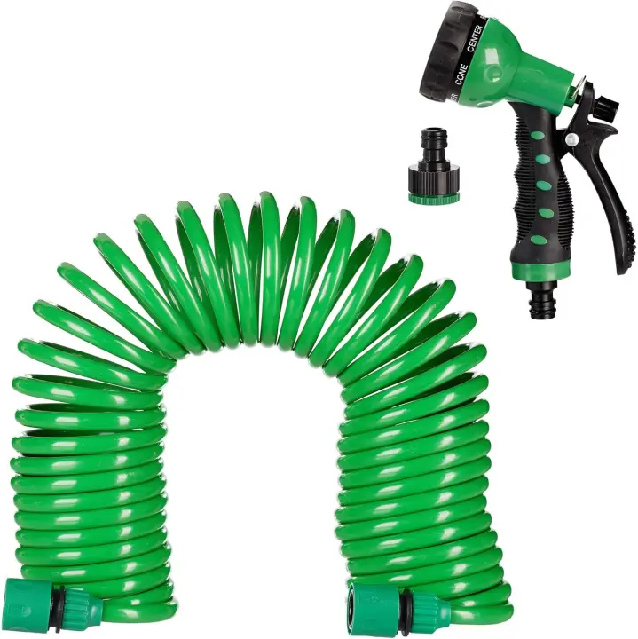 Manguera de jardín con cabezal de ducha Extensión flexible hasta 15 m de manguera en espiral Ducha de jardín con 7 tipos de chorros Manguera de jardín verde - 1