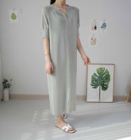 Vestido Largo De Verano Para Mujer REALEFT Estilo Coreano Casual Suelto Con Cuello En V Manga Larga Color Sólido Vestido Midi - details 8