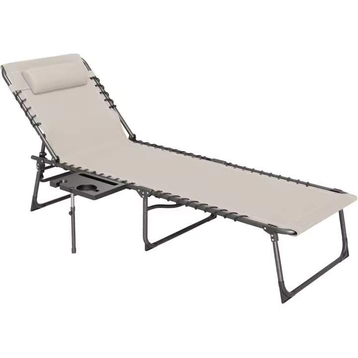 Tumbona Plegable Tumbona Jardín Exterior con Respaldo Ajustable Reposacabezas Bolsillo Lateral Bandeja y Estructura de Acero Carga 120 kg para Terraza Piscina Playa 190x60x31 cm Crema - 1
