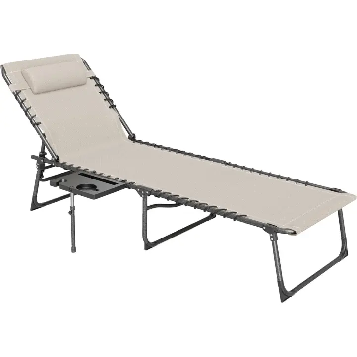 Tumbona Plegable Tumbona Jardín Exterior con Respaldo Ajustable Reposacabezas Bolsillo Lateral Bandeja y Estructura de Acero Carga 120 kg para Terraza Piscina Playa 190x60x31 cm Crema - 1