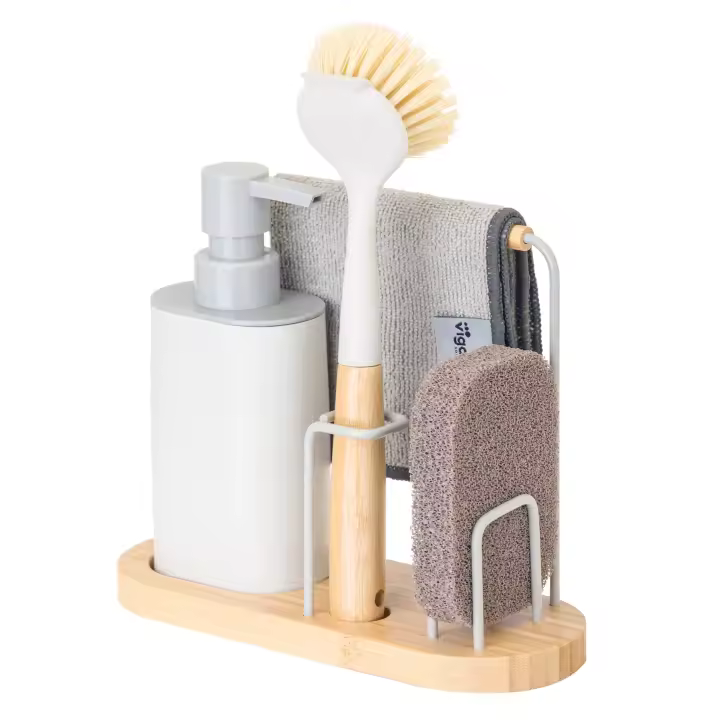 VIGAR® - Set Fregadero Vintage 4 Piezas - Ideal Para Cualquier Cocina - Organizador Fregadero Cocina con Dispensador de Jabón Incorporado - Estante de Almacenamiento para Fregadero Organizador Sink Side - Dosificador Elegante y Funcional - 1