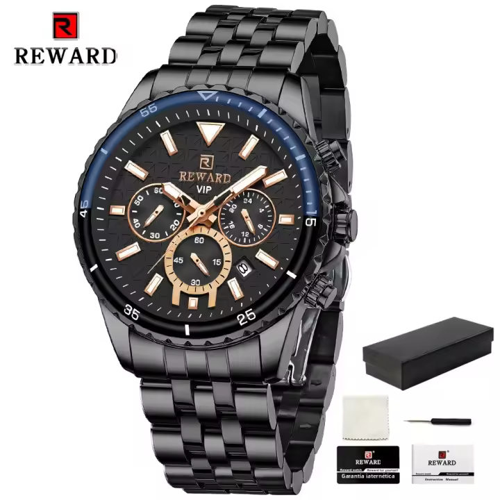 Reloj De Cuarzo Para Hombre REWARD En Acero Inoxidable Dorado Deportivo Resistente Al Agua Con Cronógrafo Y Calendario Completo - 1