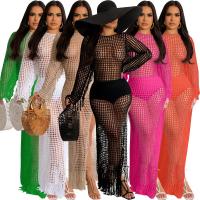 Vestido Midi Bodycon De Encaje Con Borlas Y Manga Larga Para Mujer Estilo Playa Fashion Hollow out Y Abertura Lateral Alta - details 1