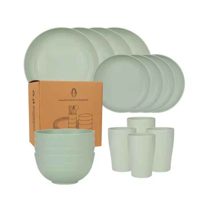 Juego de vajilla de paja de trigo irrompible de 16 piezas, juego de vajilla reutilizable, apto para microondas y lavavajillas, platos, tazas, cuencos para acampar RV Picnic - 1