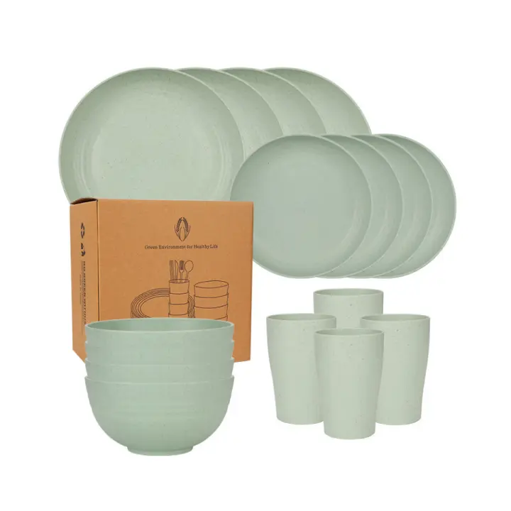 Juego de vajilla de paja de trigo irrompible de 16 piezas, juego de vajilla reutilizable, apto para microondas y lavavajillas, platos, tazas, cuencos para acampar RV Picnic - 1
