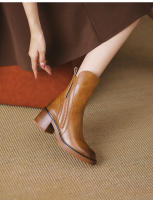 Botas Cortas De Cuero Para Mujer Otoño Invierno Con Tacón Chunky Cierre De Cremallera Botas De Tobillo Plataforma Modernas Talla Grande Confort Transpirables - details 0