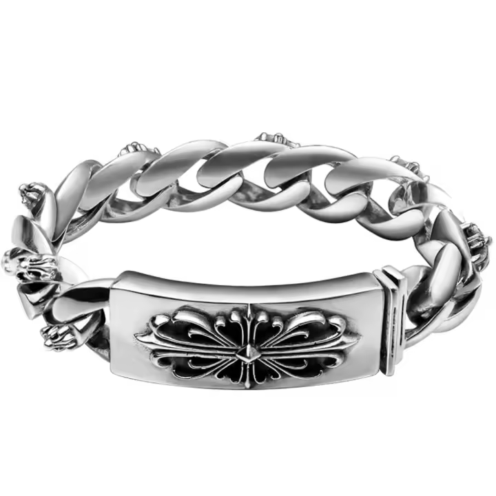 Pulsera masculina de plata tailandesa con cruz - Brazalete ancho vintage de 1.5cm (plateado) - 1