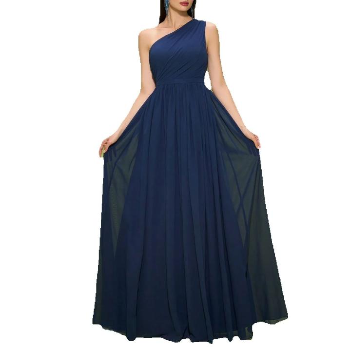 Mgiacy Nuevo Llegada Vestido De Novia Azul Oscuro Un Hombro Chifón Largo A-Line Sin Mangas Cuello Diagonal Cierre De Cremallera