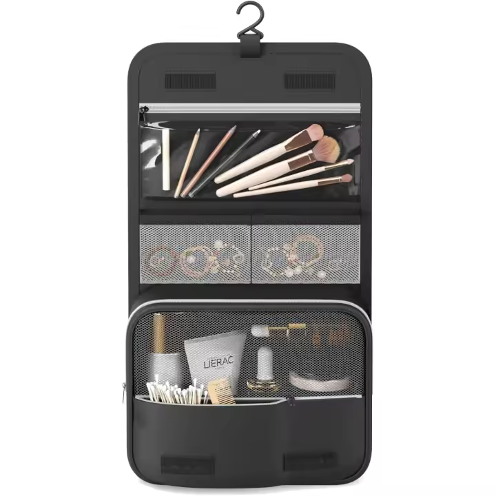Neceser de viaje impermeable para colgar artículos de tocador, maquillaje, capacidad media para mujer (negro) - 1