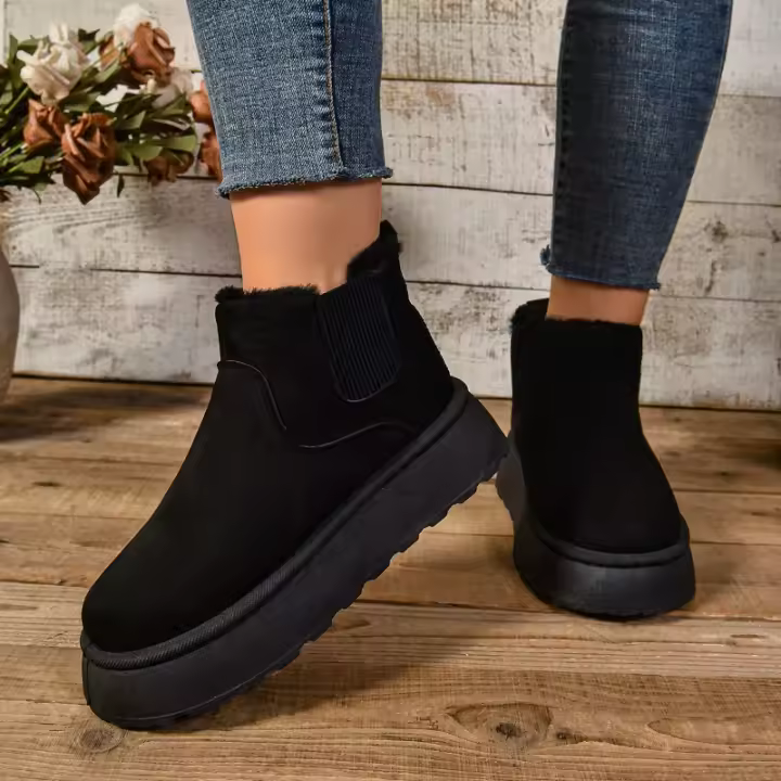 Botas Cortas De Peluche Para Mujer Invierno 2024 Calzado Casual Suela De Goma Material De Superficie CANVAS Lining PU Botas Chelsea De Tobillo Plataforma Sin Tacón - 1