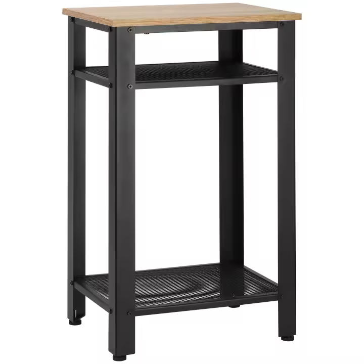 HOMCOM Mesa Auxiliar Mesita de Noche Estilo Industrial con 2 Estantes de Rejilla de Metal y Pies Ajustables para Salón Dormitorio 45x35x75 cm Roble y Negro - 1