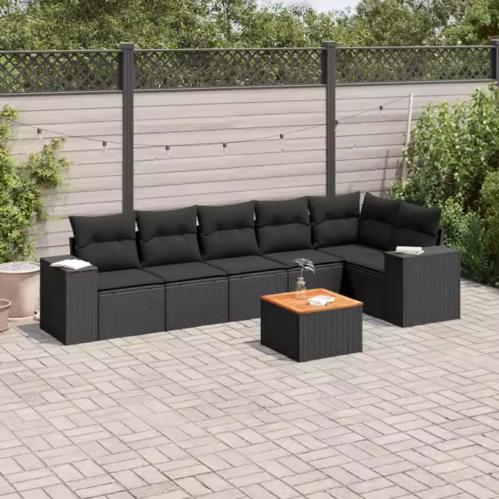 vidaXL Set de comedor de jardín 7 pzas y cojines ratán sintético negro - 1