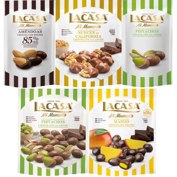 Lacasa Mi Momento pack de 5:Pistacho Chocolate Leche,Almendra 85% ,Nueces Chocolate Leche ,Pistacho Chocolate Leche ,Mango Chocolate Negro - 1