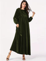Vestido De Veludo Para Mujer Estilo Casual Largo Manga Campana Cuello Redondo Color Sólido Vestido Largo Con Corte Amplio - details 6