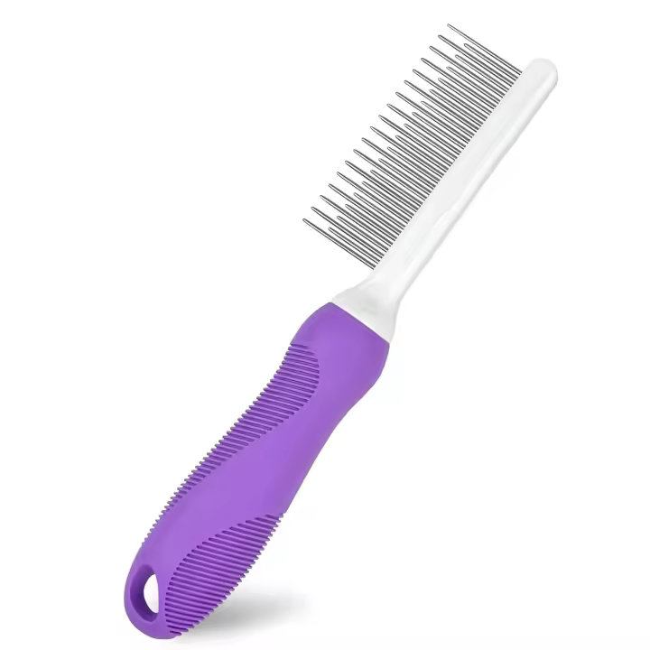 Peine desenredante para mascotas, peine de aseo para perros y gatos con dientes largos y cortos de acero inoxidable (morado) - 1