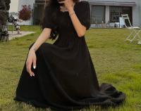 Vestido Midi Oscuro Vintage HOUZHOU Para Mujer Elegante Con Cuello Cuadrado Manga Flotante Sobredimensionado Casual De Verano - details 8