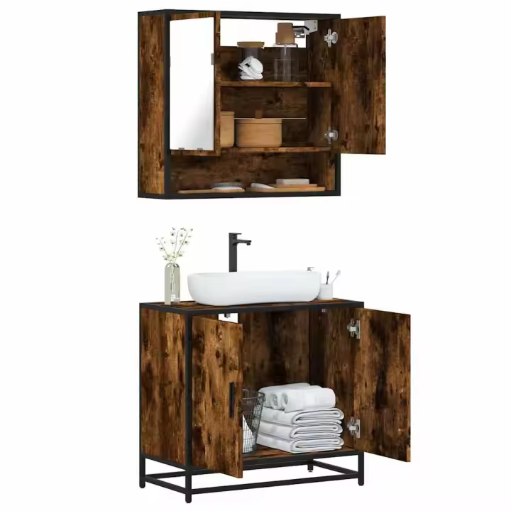 vidaXL Set de muebles de baño 2 pzas madera contrachapada en color Roble Sonoma/Gris sonoma/Marrón roble y más | almacenamiento funcional diseño moderno para baño dormitorio sala - 1