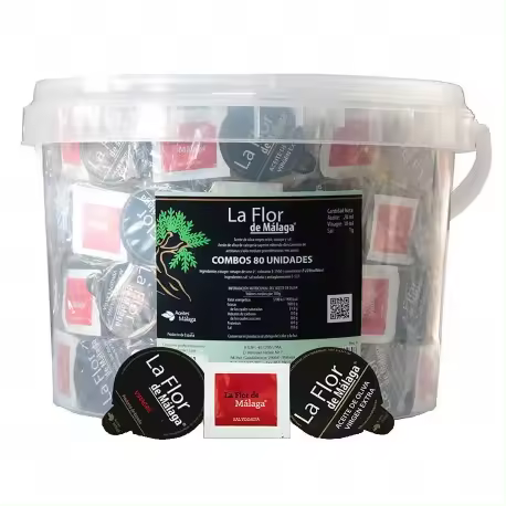 MONODOSIS COMBO CUBO (80 U) ACEITE/VINAGRE/SAL 20ML/10ML/1G. LA FLOR DE MALAGA - 1