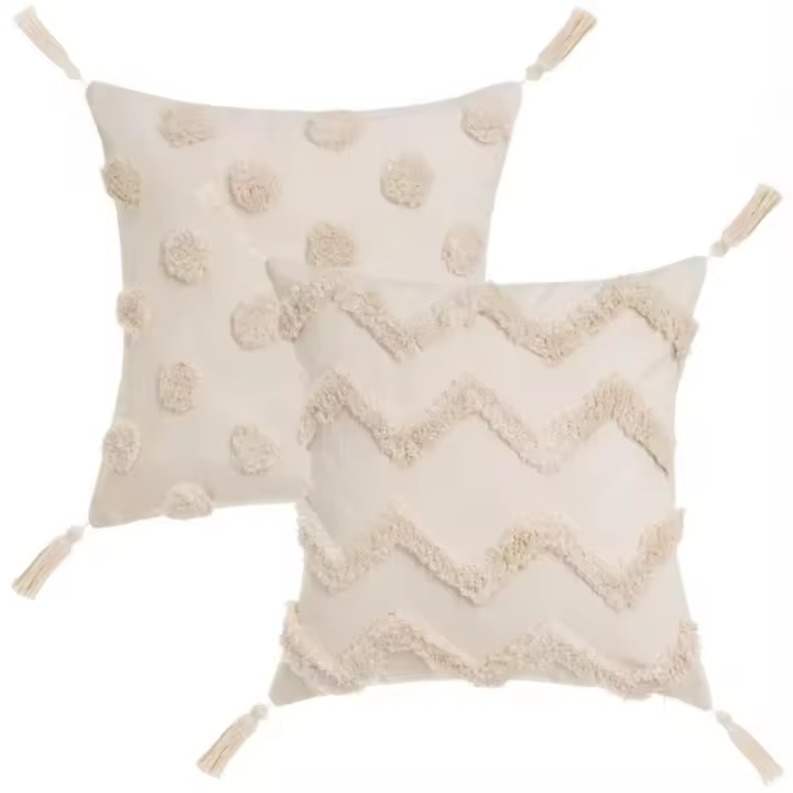 Dcasa Set de 2 cojines de topos y zig zag con borlas beige de tela pelo de 45x45 cm con relleno - 1