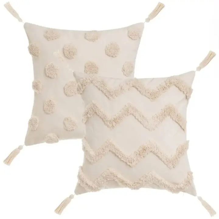 Dcasa Set de 2 cojines de topos y zig zag con borlas beige de tela pelo de 45x45 cm con relleno - 1