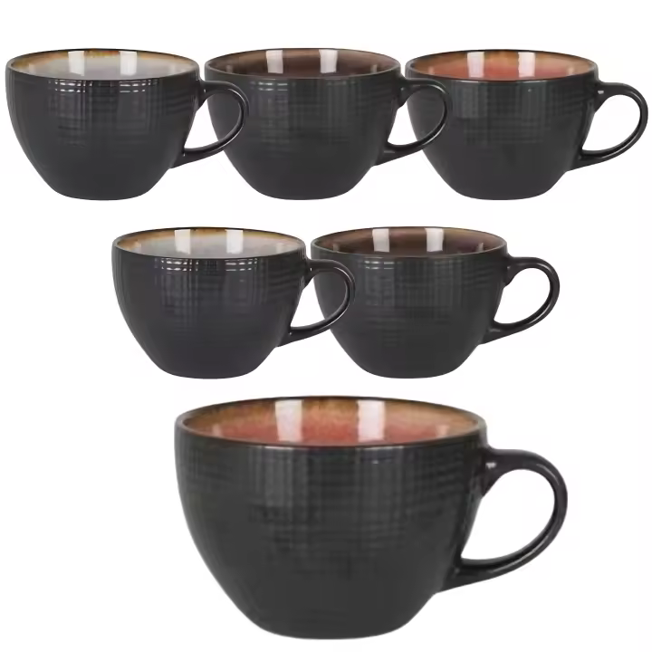 JUEGO DE 6 TAZONES DE CERÁMICA 425 ML - DISEÑO MODERNO Y TEXTURIZADO PARA CAFÉ, TÉ Y DESAYUNO - SET DE 6 PIEZAS CON INTERIOR COLORIDO (COBRE, MARRÓN, GRIS) - RESISTENTES Y APTOS PARA USO DIARIO - 1