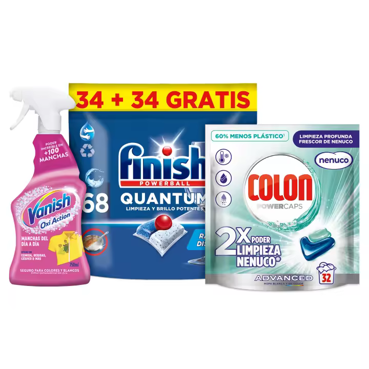 Finish Quantum 68 pastillas + Colon Powercaps Nenuco 32 cápsulas + Vanish Oxi Action Pistola Quitamanchas 750 ml | Pack limpieza total para lavavajillas y ropa, frescor, antimanchas, brillo y eliminación de suciedad - 1