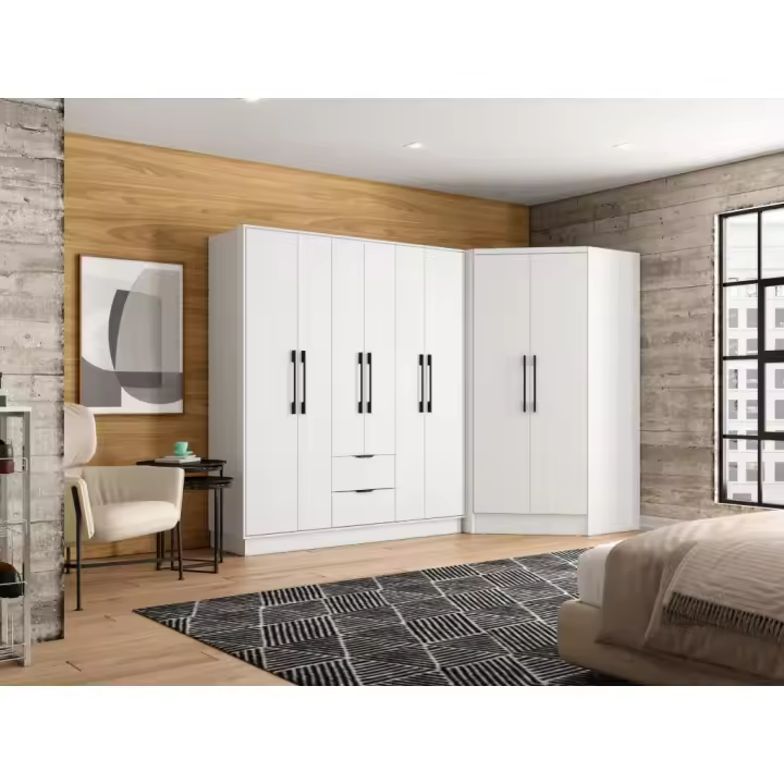 Vente-unique - Armario de esquina de 8 puertas y 2 cajones - Ancho 263 cm - blanco - FEOVA - 1