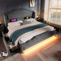 Cama Tapa Suave 160 × 200, Cama Doble with 4 Cajones, Iluminación LED y Puerto de Carga USB-C, Cama de Almacenamiento y Cama Juvenil con Base de Listas, Terciopelo, Gris, Sin Colchón - details 0