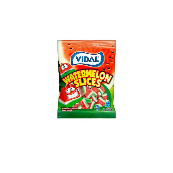 Gominolas de Vidal Tajadas de sandía 14 bolsas de 90 g - Un clásico de las golosinas. Refrescantes gomitas con forma de tajada de sandía recubierta de una fina capa de polvos pica. Su sabor a sandía te conquistará - Sin gluten y sin grasa - 1