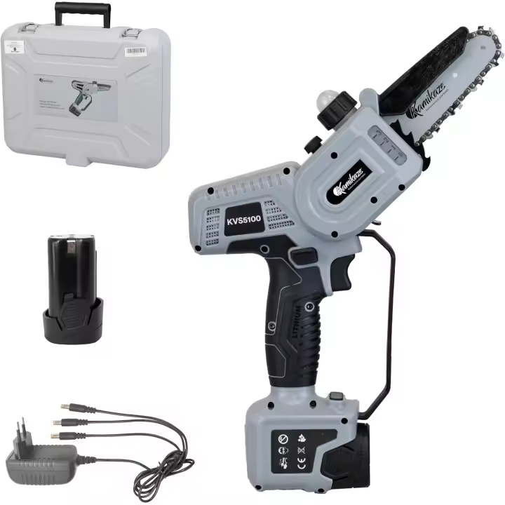 KAMIKAZE KVS5100 Motosierra Eléctrica con 1 Baterías Litio.Corte Ø80mm.Espada 5" y Cadena 32 Eslabones.Incluye 1 Baterías Litio.Cargador y Kit de Herramientas.3 años garantía.Mini motosierra batería - 1