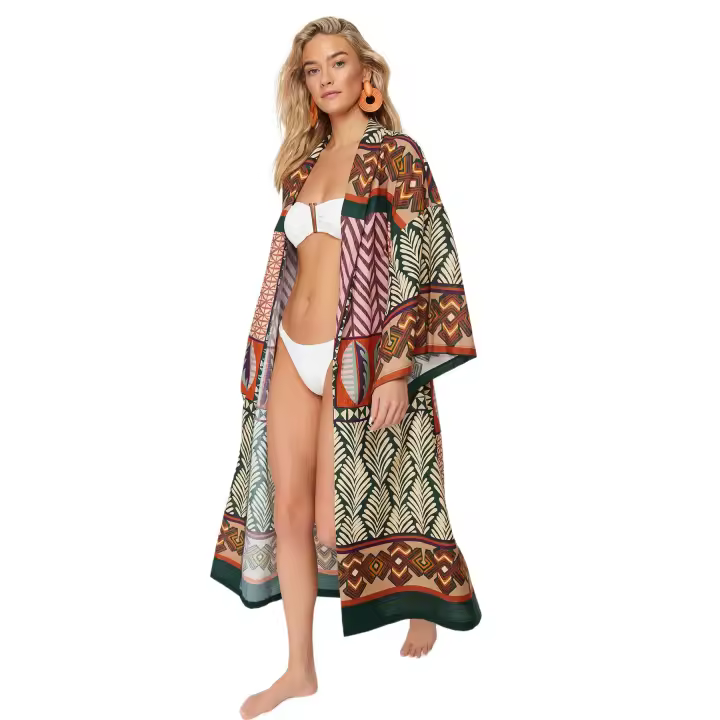 Trendyol Ethnic Patterned Maxi Woven Flamed Cotton Beach Kimono&Caftan Tbess24Km00022 - 1