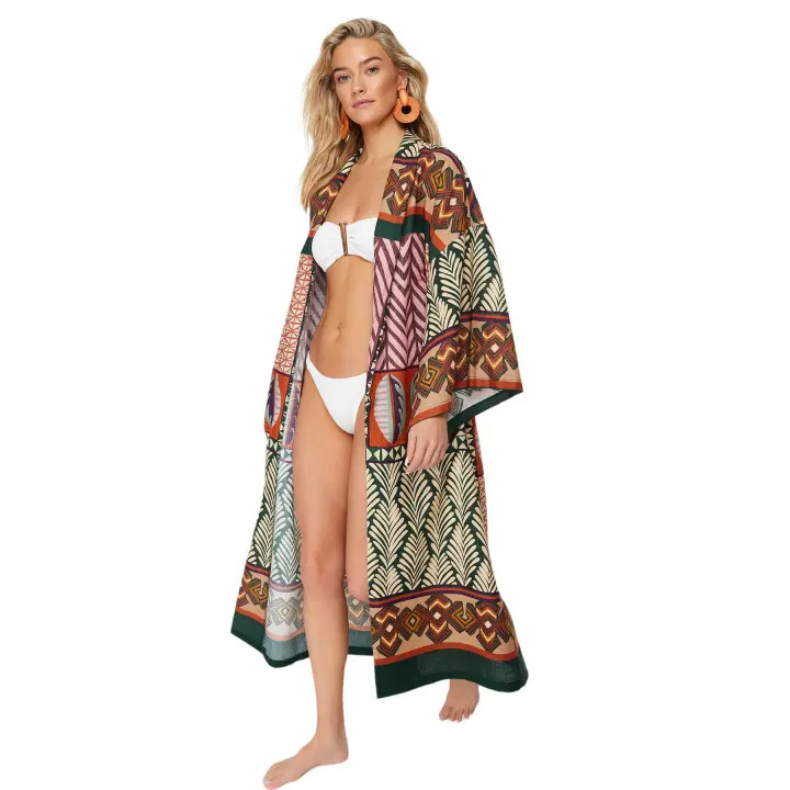 Trendyol Ethnic Patterned Maxi Woven Flamed Cotton Beach Kimono&Caftan Tbess24Km00022 - 1